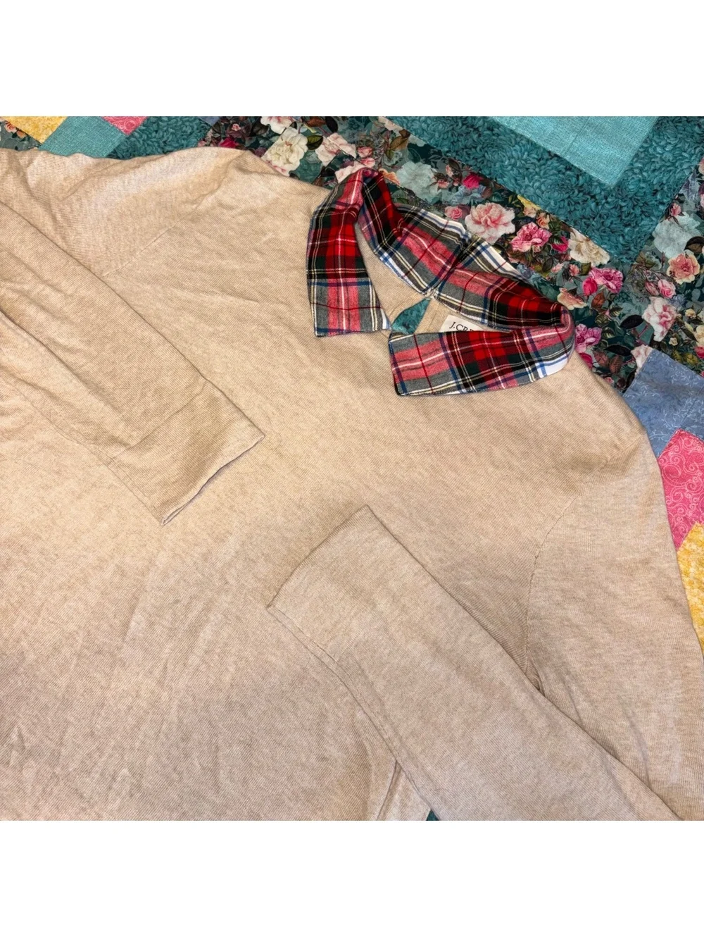 J.Crew Woman’s Small Beige Sweater with Red Plaid Collar and Hem Detail, Outdoor